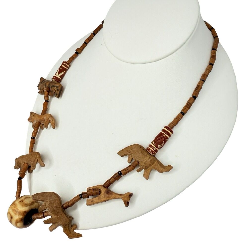 Vintage African Carved Animal Wood Beaded Necklace 29" Wild Safari Trade - Picture 4 of 12